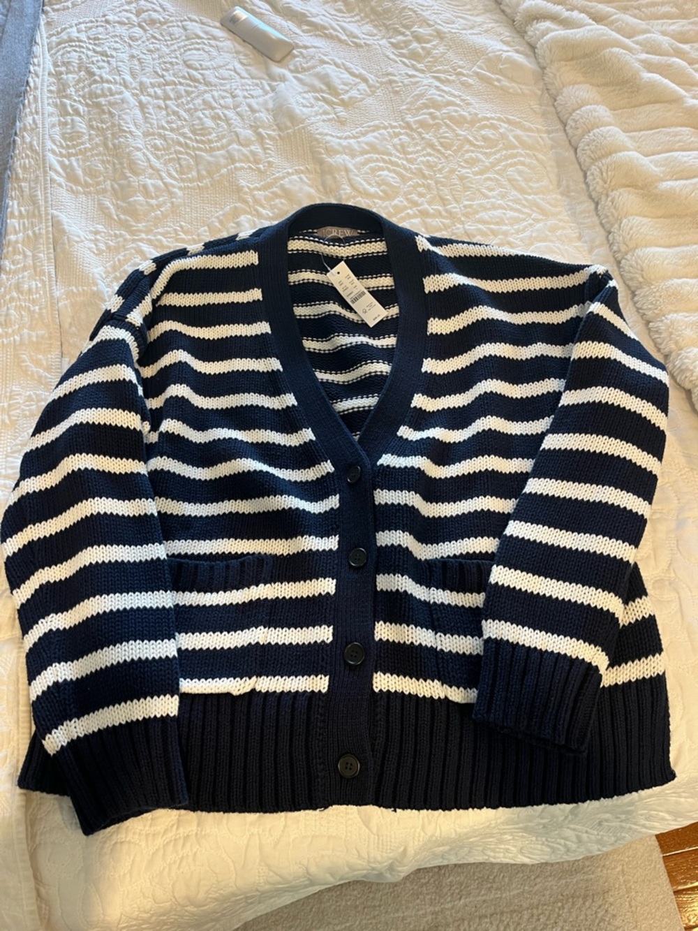 Jcrew women’s boyfriend/oversized Navy and White Striped Knit Cardigan NWT Sz L